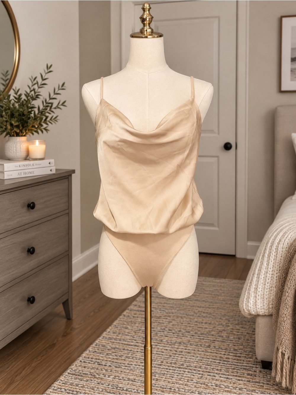 NWT Lulus Emmerson Champagne Satin Sleeveless Cowl Neck Bodysuit